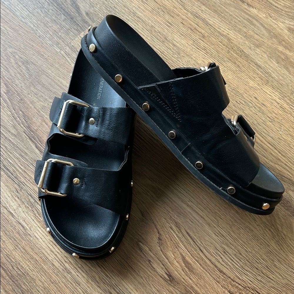 BCBGeneration Platform Bamba Black Sandals with Gold Accents Studs